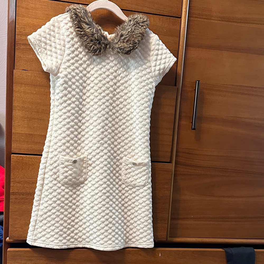 Nautica Cream Quilted Dress with Faux Fur Collar